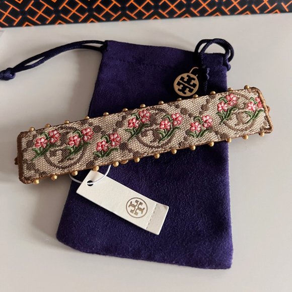 Tory Burch T Monogram Floral Rolled Brass / Hazelnut Bracelet - Picture 2 of 11